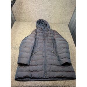 Lands End Womens Hooded Down Puffer Parka Jacket Gray Blue Quilted Coat 35in L